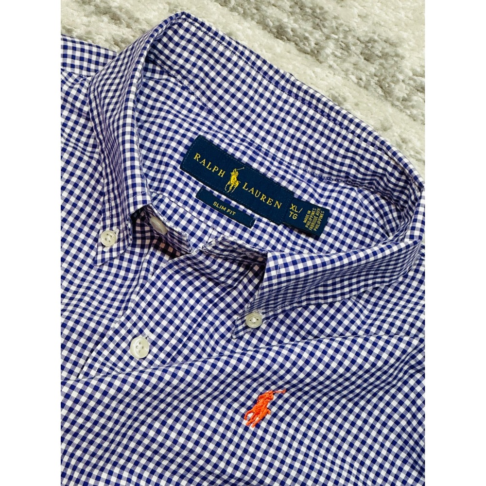 Ralph Lauren Button Down Shirt Mens XL Purple Gingham Slim Fit Long Sleeve